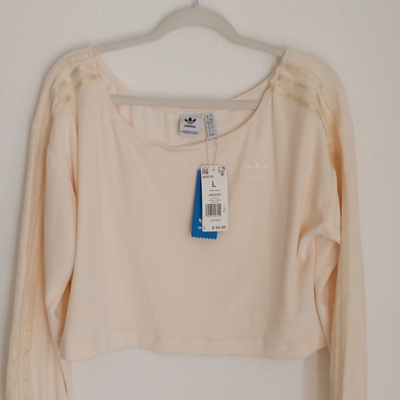NWT Adidas Womens Velour Sweatshirt Cream Scoop Neck Cropped Sweater Size Large - Picture 2 of 10